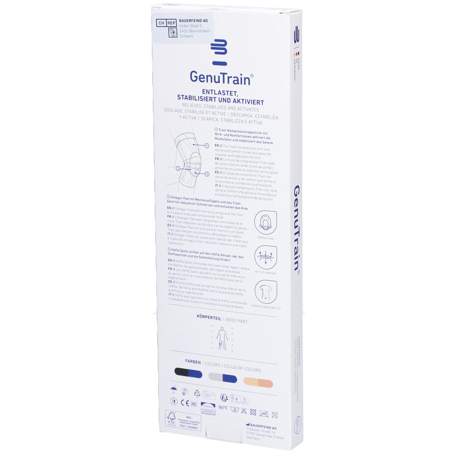 Rückseite der GenuTrain Kniebandage-Verpackung. Text und Illustrationen zur Anwendung und Eigenschaften.