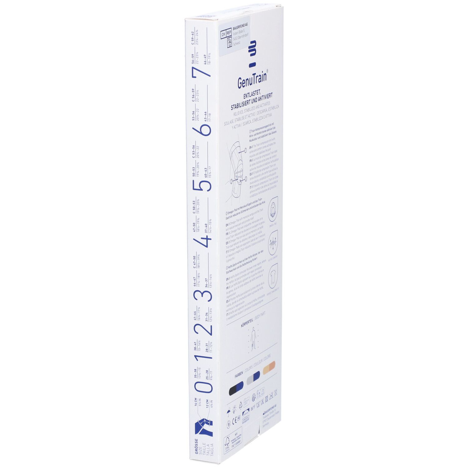 Rückseite der GenuTrain Kniebandage-Verpackung. Text und Illustrationen zur Anwendung und Eigenschaften.