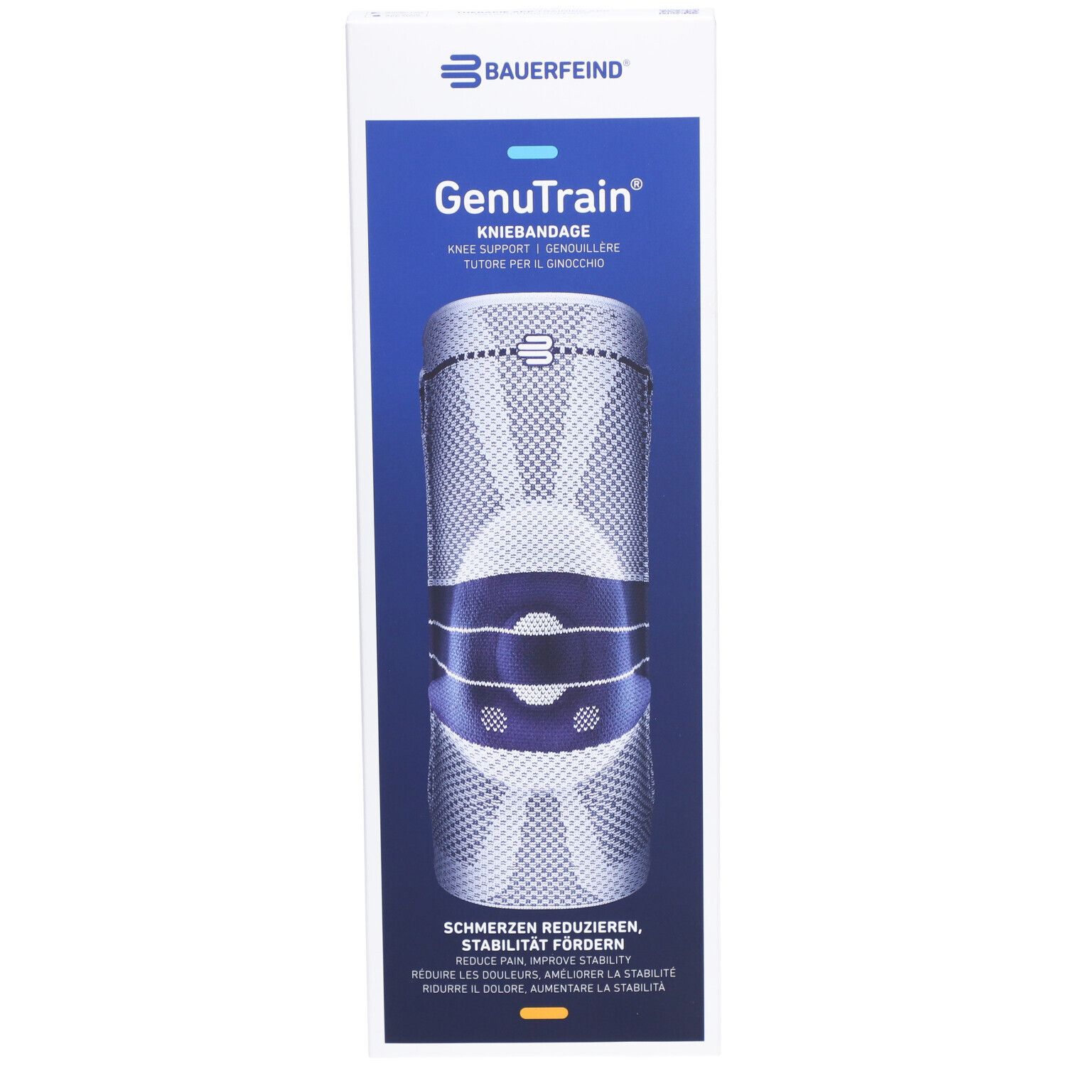 GenuTrain Kniebandage in Verpackung. Weiß-blaue Box mit Produktabbildung und Größenangabe.