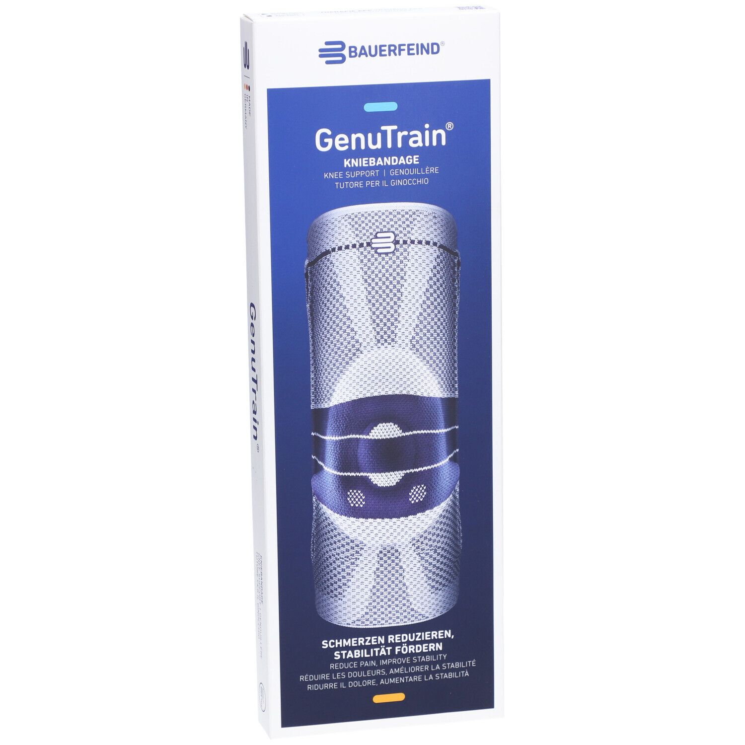 GenuTrain Kniebandage-Verpackung, schräg. Weiß-blaue Box mit Produktname und Größenangabe.