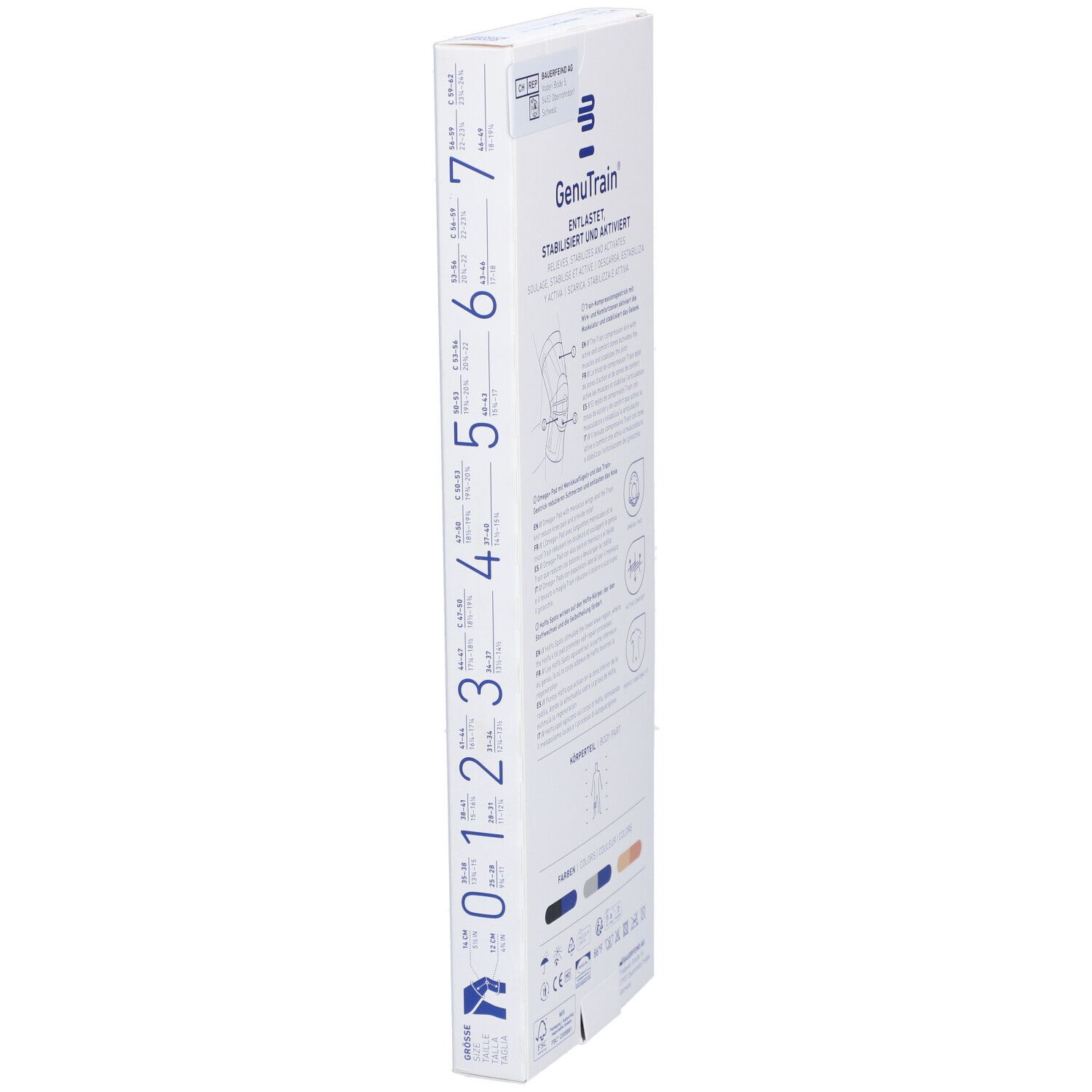 Emballage étroit, dos. Informations sur le produit et indications de taille visibles.