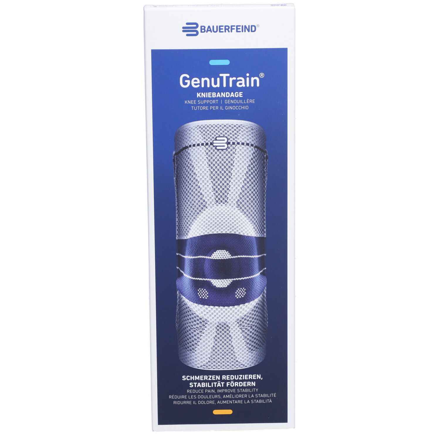 Genouillère dans l'emballage. Nom du produit et marque visibles. Indication de taille sur le côté.