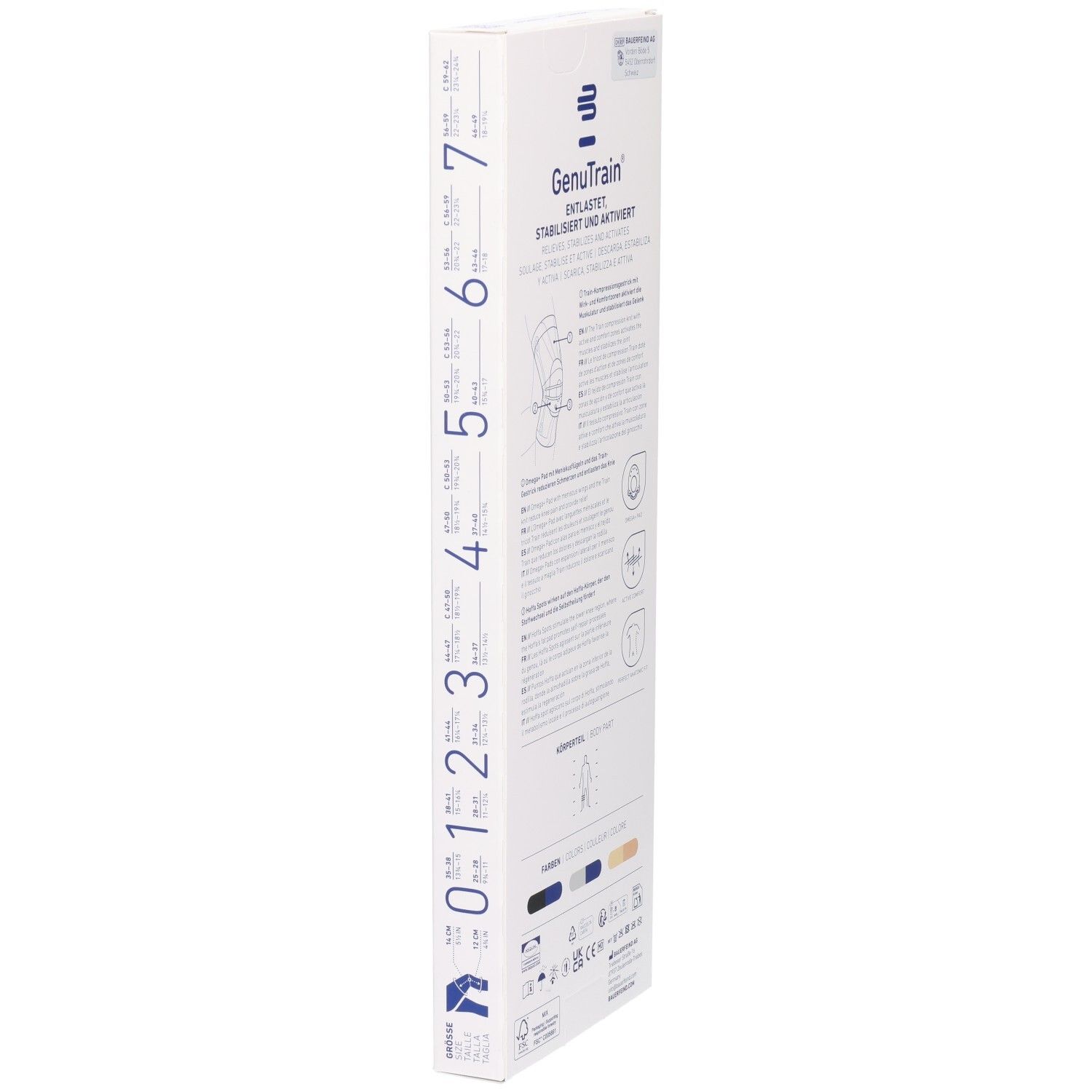 Seitenansicht der Verpackung der BAUERFEIND GenuTrain Kniebandage mit Größenskala und Anwendungshinweisen.