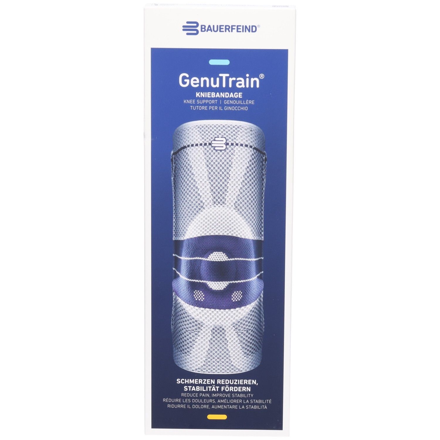 Verpackung der BAUERFEIND GenuTrain Kniebandage mit Abbildung des Produkts und Hinweisen zur Schmerzreduktion und Stabilitätsförderung.