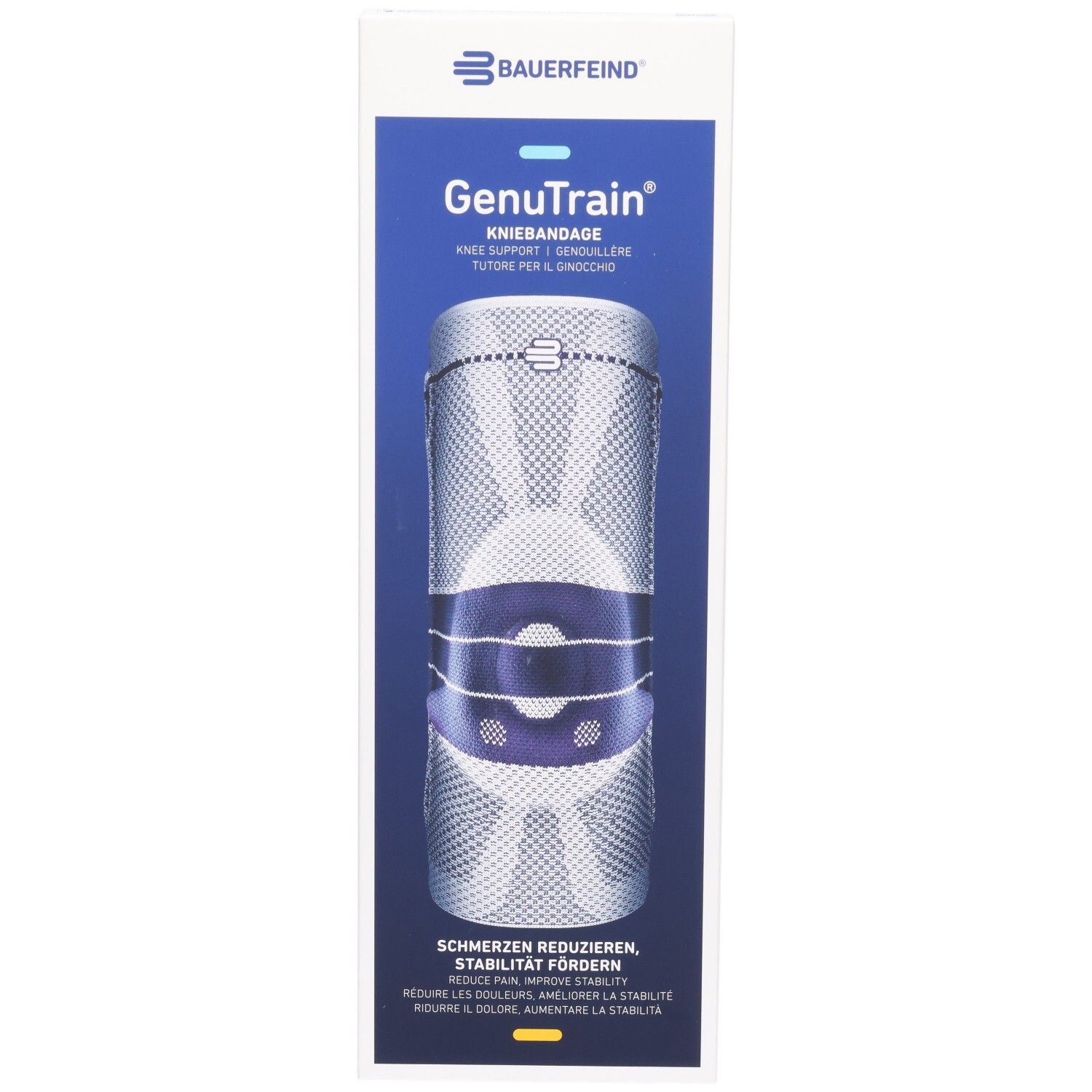 Face avant de l'emballage de la genouillère BAUERFEIND GenuTrain, taille 4, Titre confort silicone.