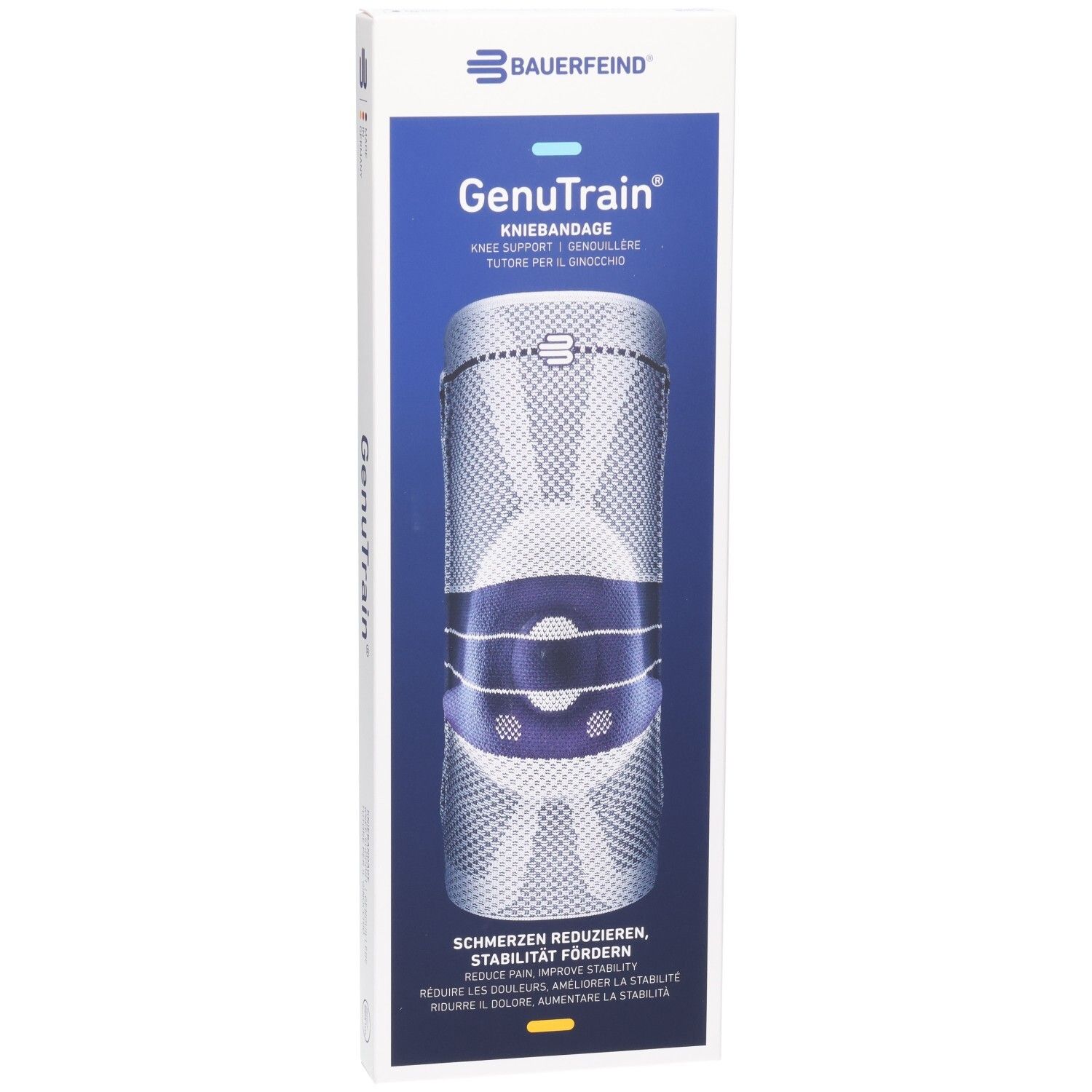 Face avant de l'emballage de la genouillère BAUERFEIND GenuTrain, taille 4, avec illustration du produit.