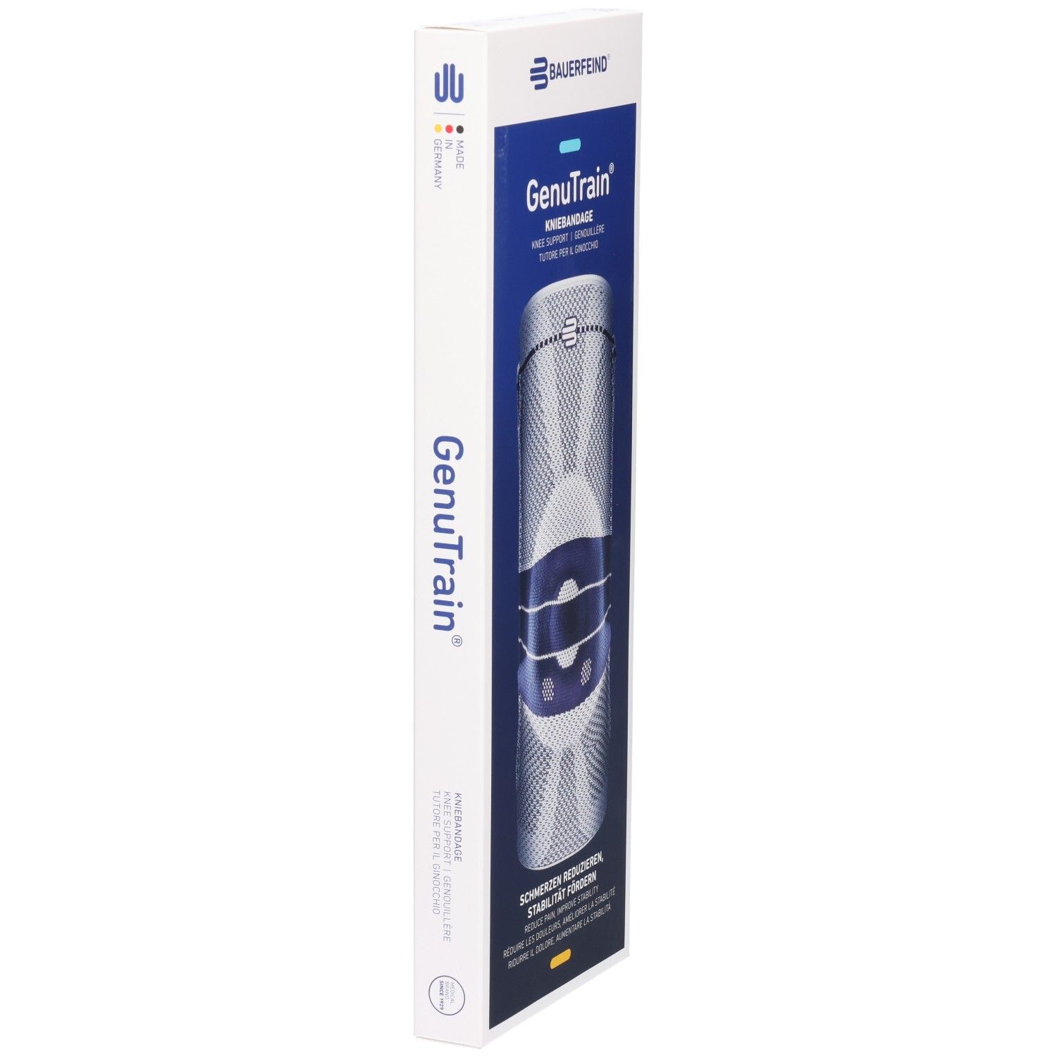 Seitenansicht der Verpackung der BAUERFEIND GenuTrain Kniebandage Comfort.