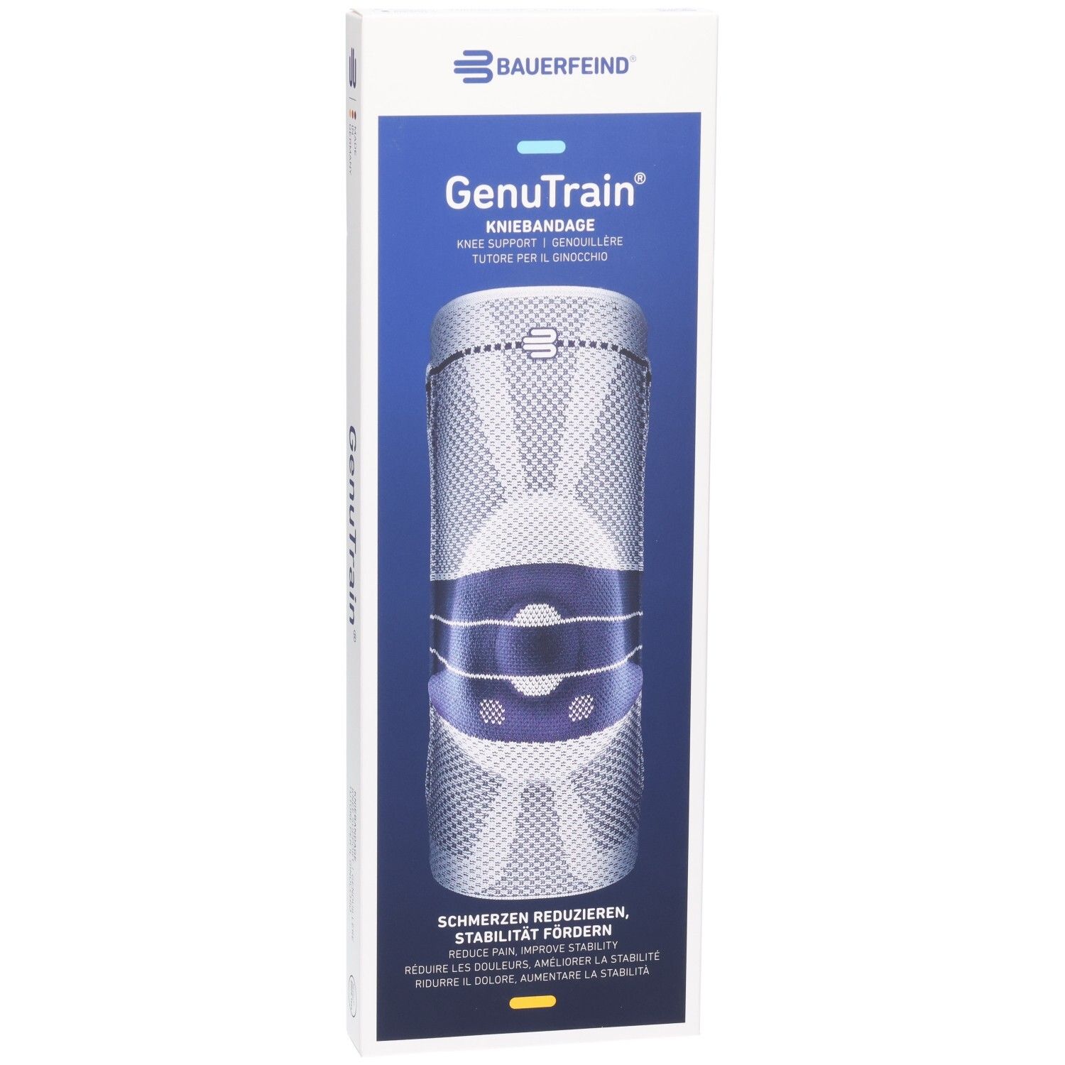 Verpackung der BAUERFEIND GenuTrain Kniebandage Comfort mit Abbildung der Bandage.
