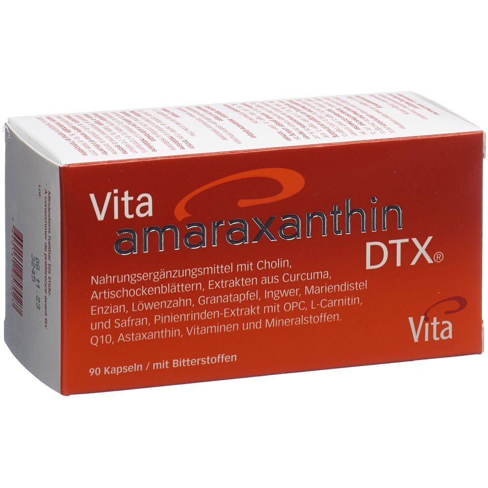 Rote und weiße Schachtel mit Vita amaraxanthin DTX®. Text: Nahrungsergänzungsmittel, 90 Kapseln.