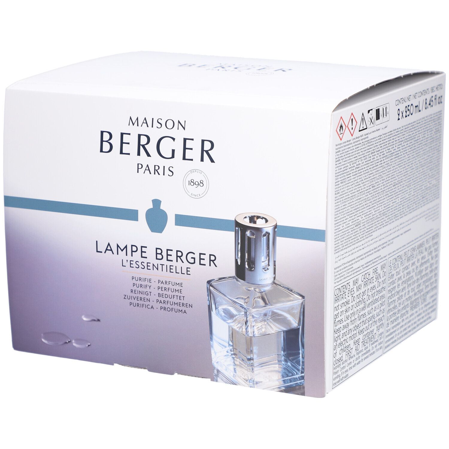 Verpackung von Maison Berger Paris. Enthält eine Lampe Berger L'essentielle Cube mit Flüssigkeit. Text: Purify, Parfum, Reinigt, Zuiveren, Purifica.