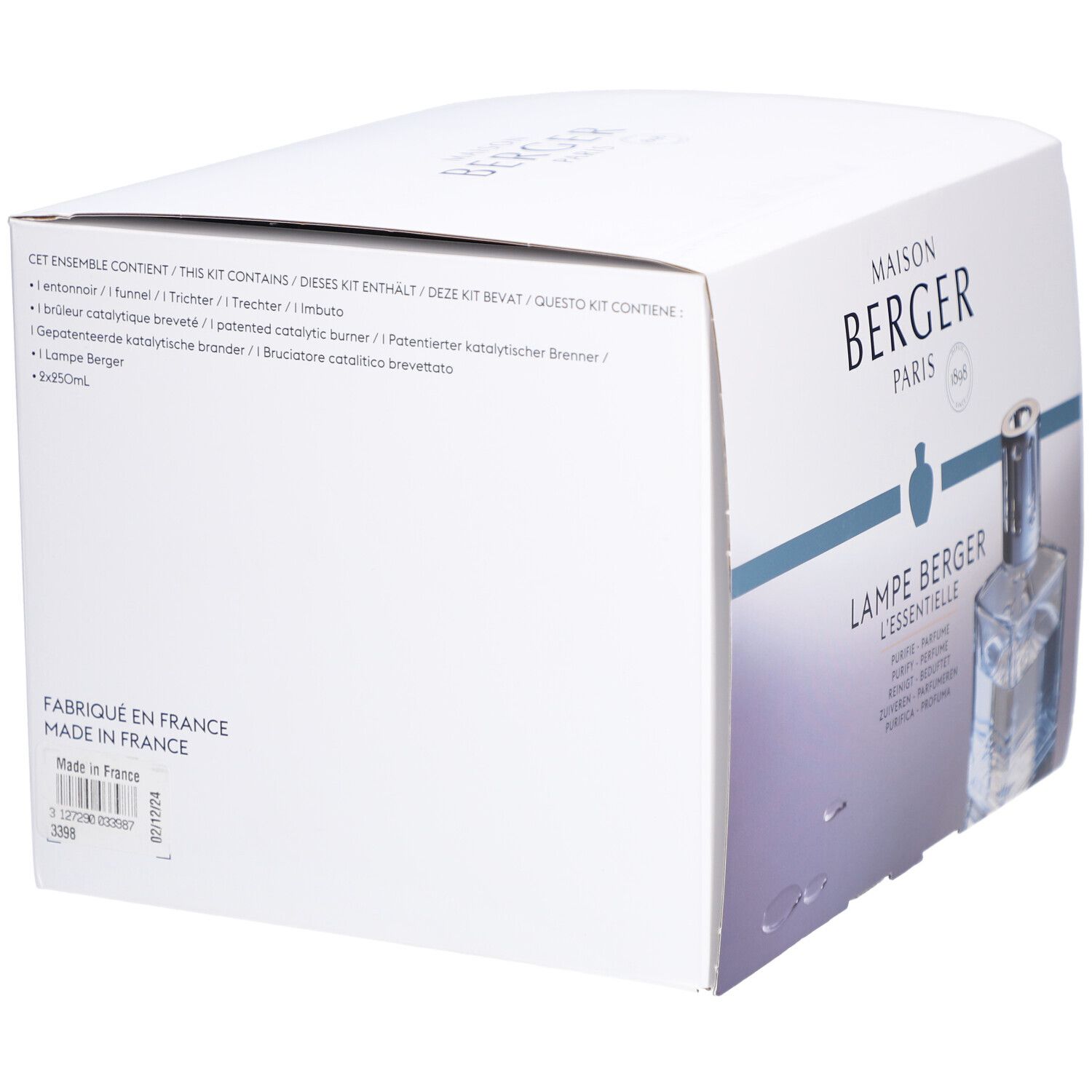 Seitenansicht der Verpackung von Maison Berger Paris. Text: Enthält Trichter, katalytischer Brenner, Lampe Berger. Hergestellt in Frankreich.