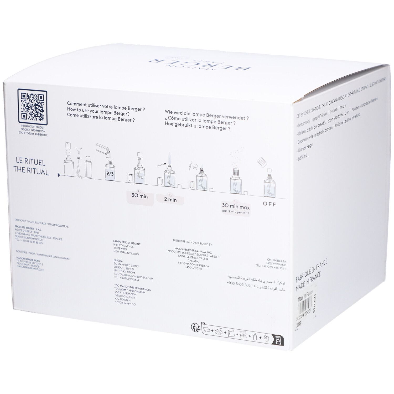 Rückseite der Verpackung mit Illustrationen zur Anwendung der Lampe Berger. Text: The Ritual. QR-Code.