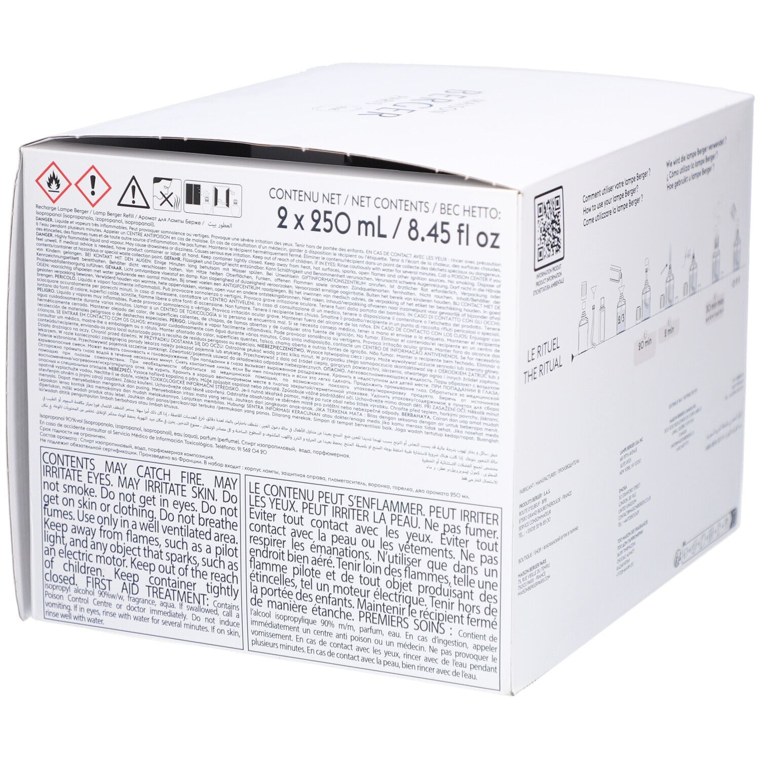 Rückseite der Verpackung mit Warnhinweisen und Inhaltsangaben. Text: 2 x 250 ml / 8.45 fl oz. QR-Code.