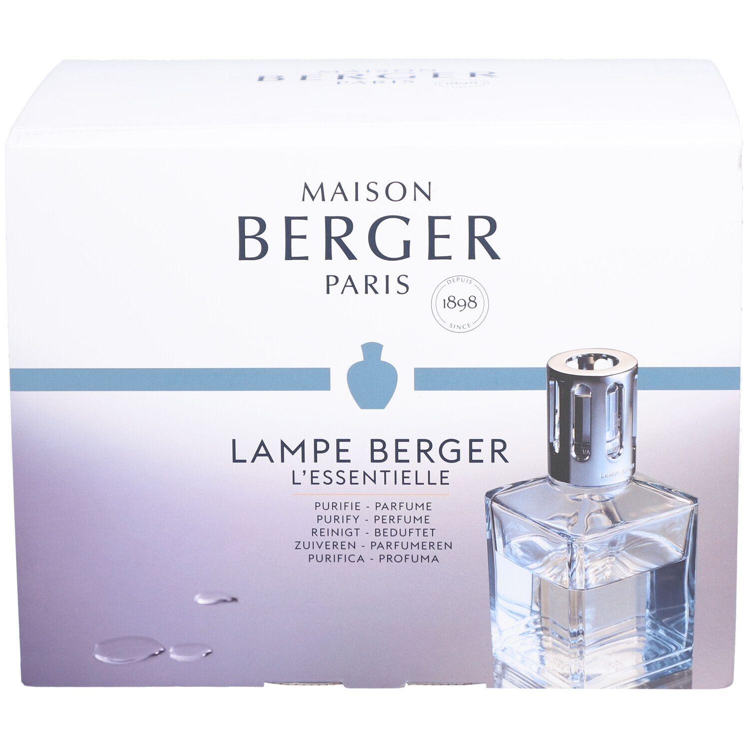 Verpackung von Maison Berger Paris. Lampe Berger L'essentielle Cube mit Flüssigkeit. Text: Purify, Parfum, Reinigt, Zuiveren, Purifica.