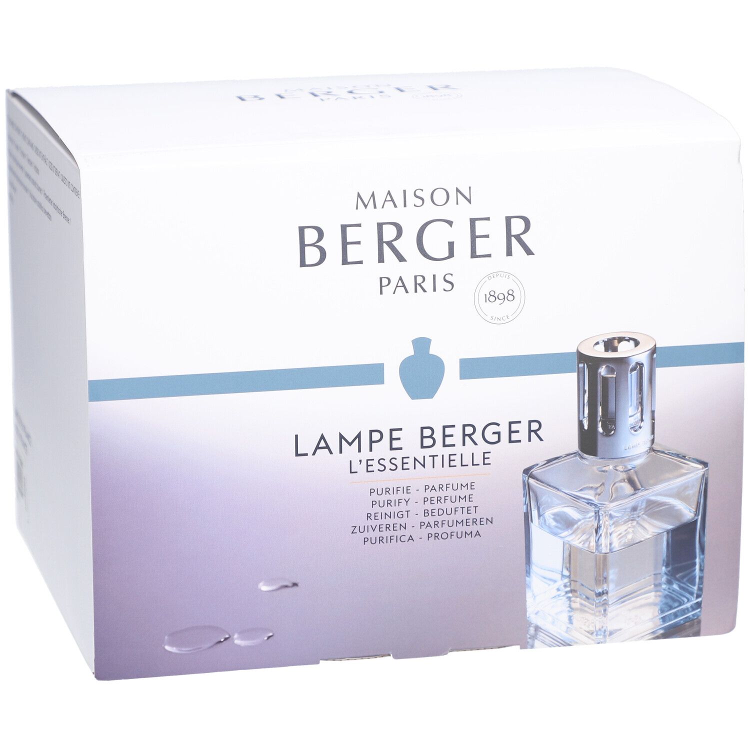 Verpackung von Maison Berger Paris. Lampe Berger L'essentielle Cube mit Flüssigkeit. Text: Purify, Parfum, Reinigt, Zuiveren, Purifica.