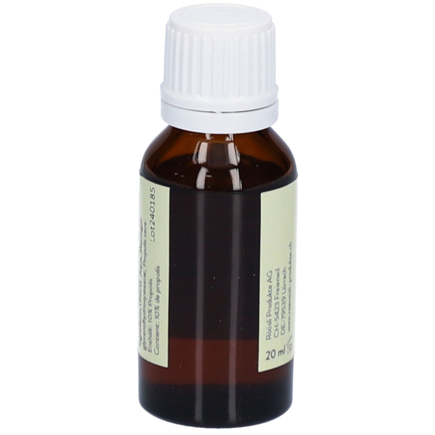 Braune Glasflasche mit weißem Deckel. Etikett mit Produktinformationen, Chargennummer und Adresse. 20 ml.