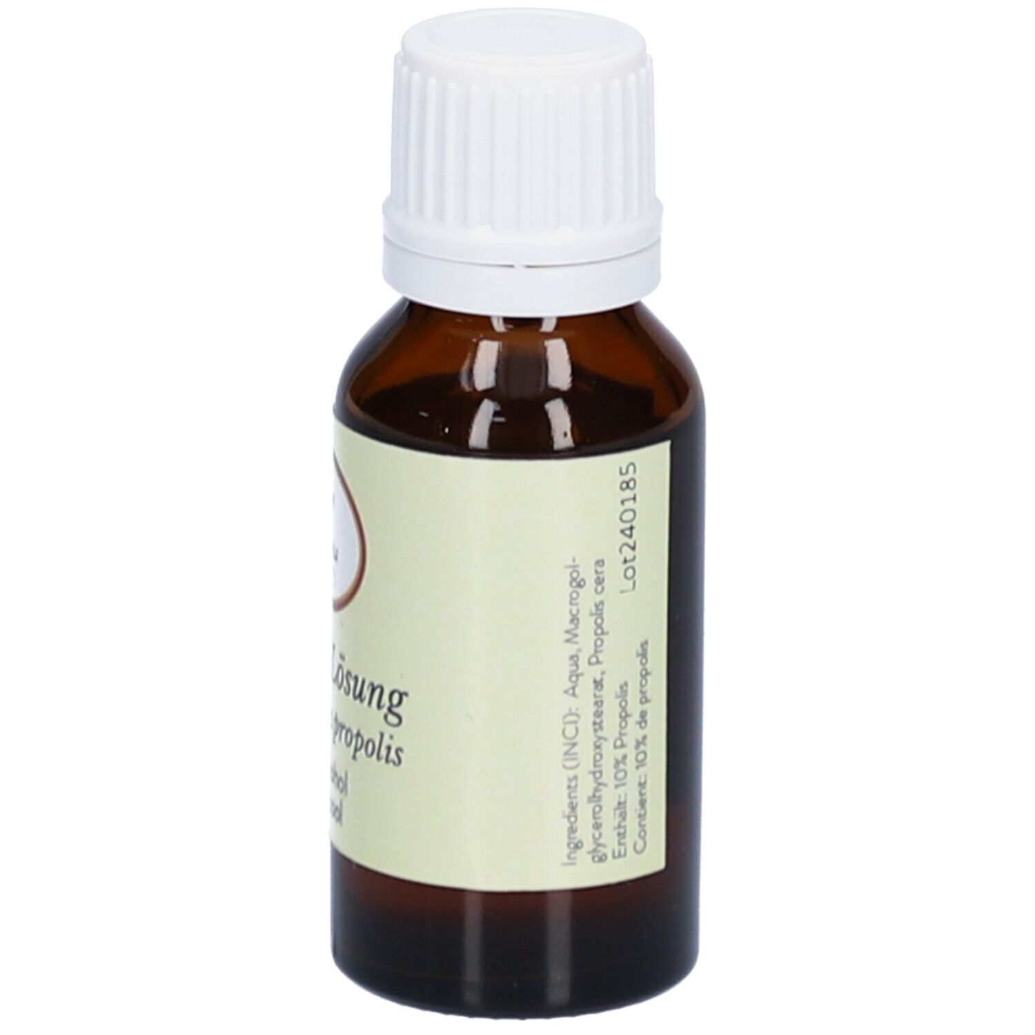 Braune Glasflasche mit weißem Deckel. Etikett mit Inhaltsstoffen, Chargennummer und Adresse. 20 ml.