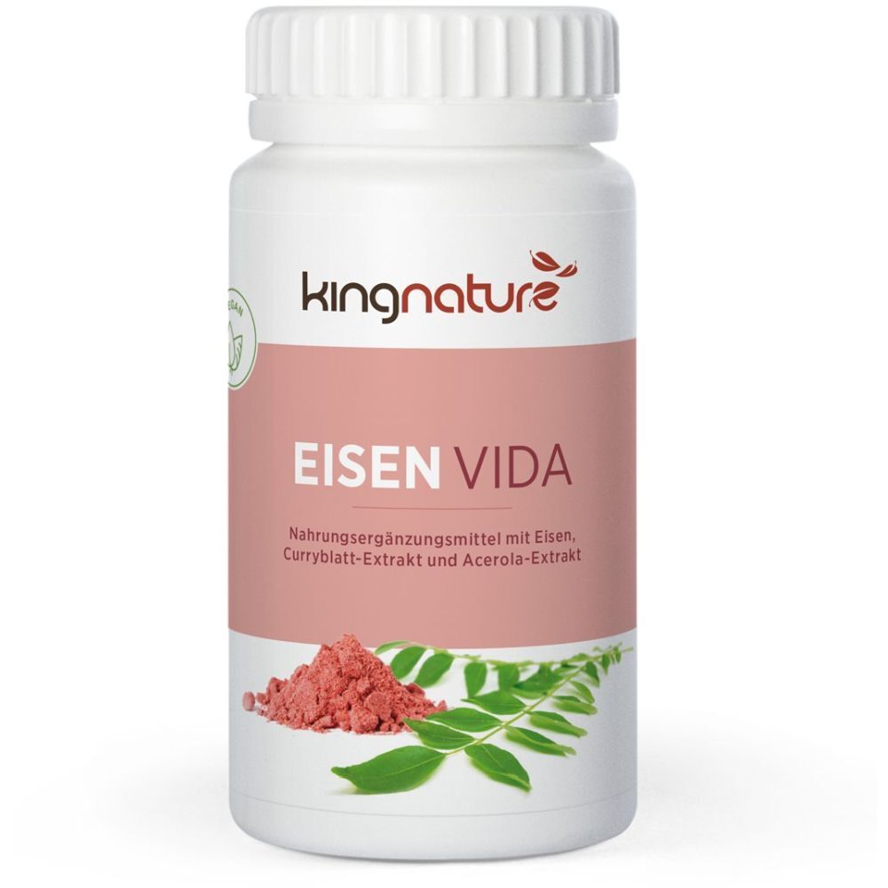 Weiße Flasche mit "kingnature"-Logo und "EISEN VIDA"-Schriftzug. Roter Streifen mit Produktinformationen. Pulver und Blätter.