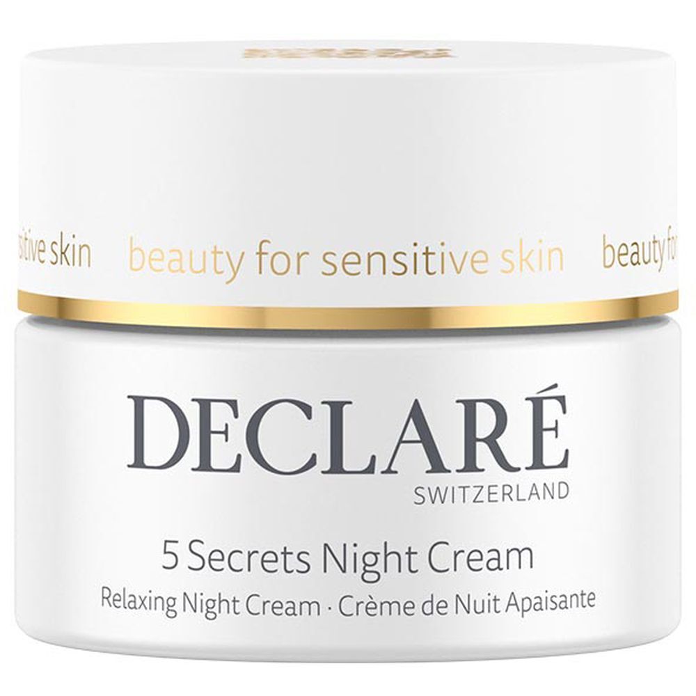 Weißer Tiegel mit goldfarbenem Deckel. Aufschrift: DECLARÉ, 5 Secrets Night Cream. Text: Relaxing Night Cream, Crème de Nuit Apaisante.