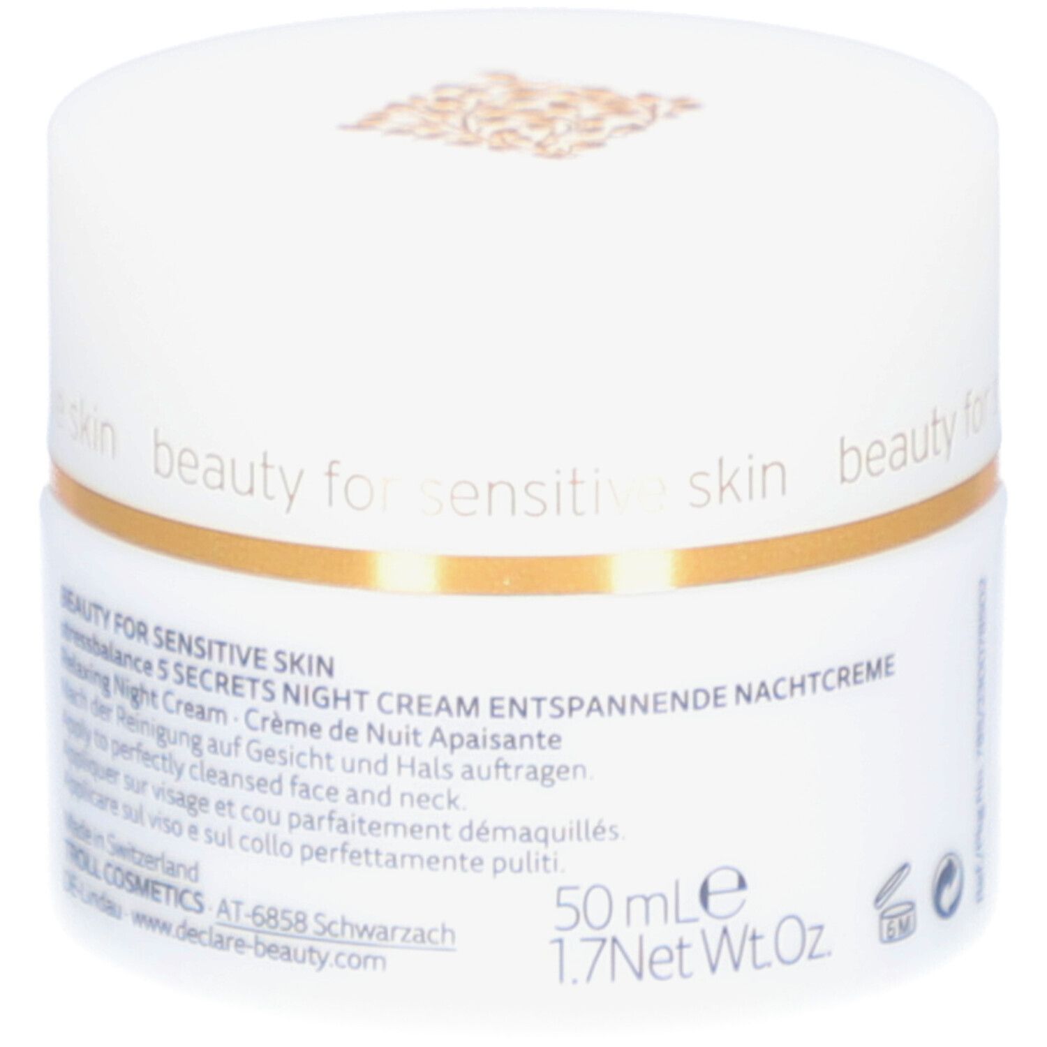 Weißer Tiegel mit goldfarbenem Deckel. Aufschrift: DECLARÉ, 5 Secrets Night Cream. Text auf der Seite, 50 ml.