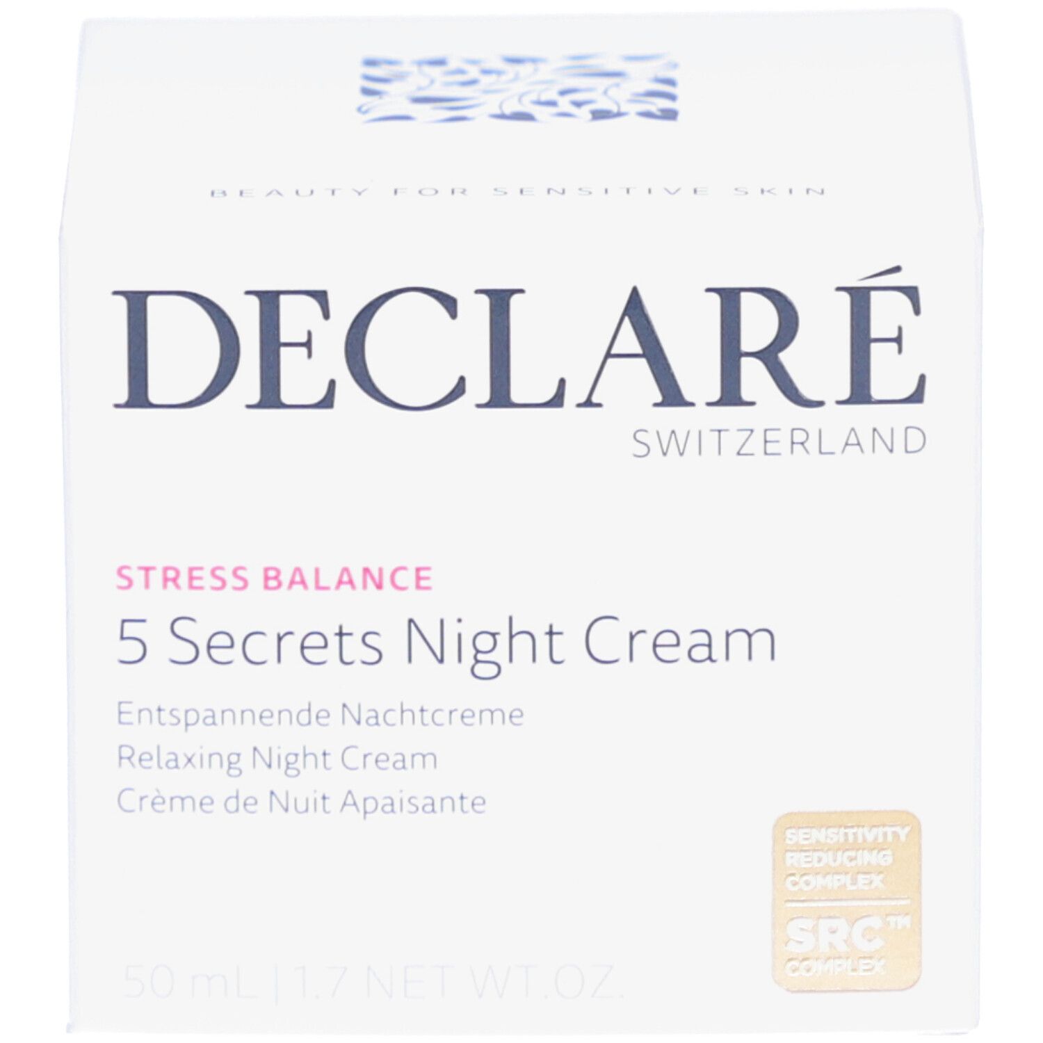 Weiße Schachtel. Aufschrift: DECLARÉ, 5 Secrets Night Cream. Text: Stress Balance, Entspannende Nachtcreme.