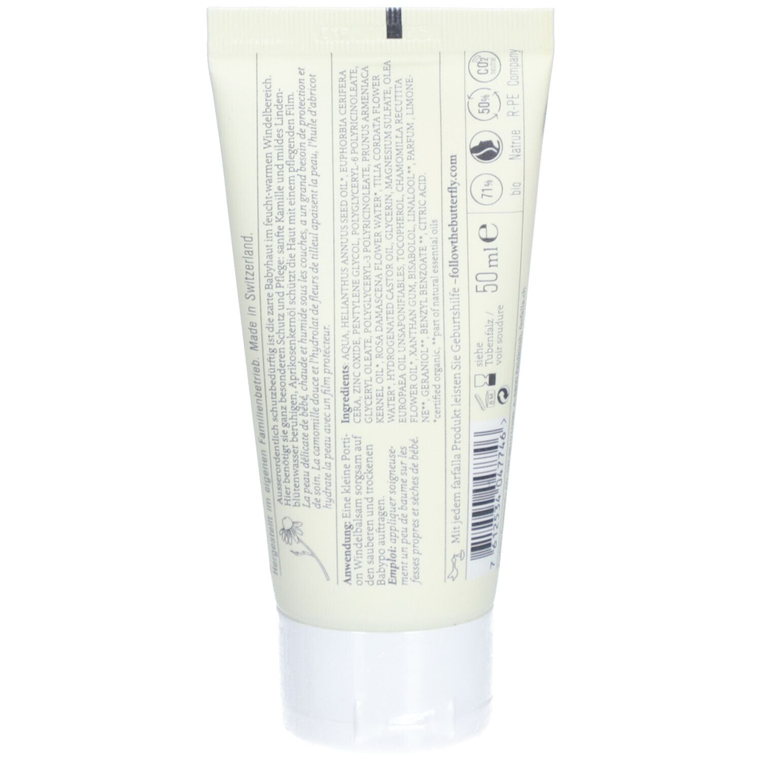 Rückseite der Creme-Tube mit Inhaltsangaben und Zertifizierungen.