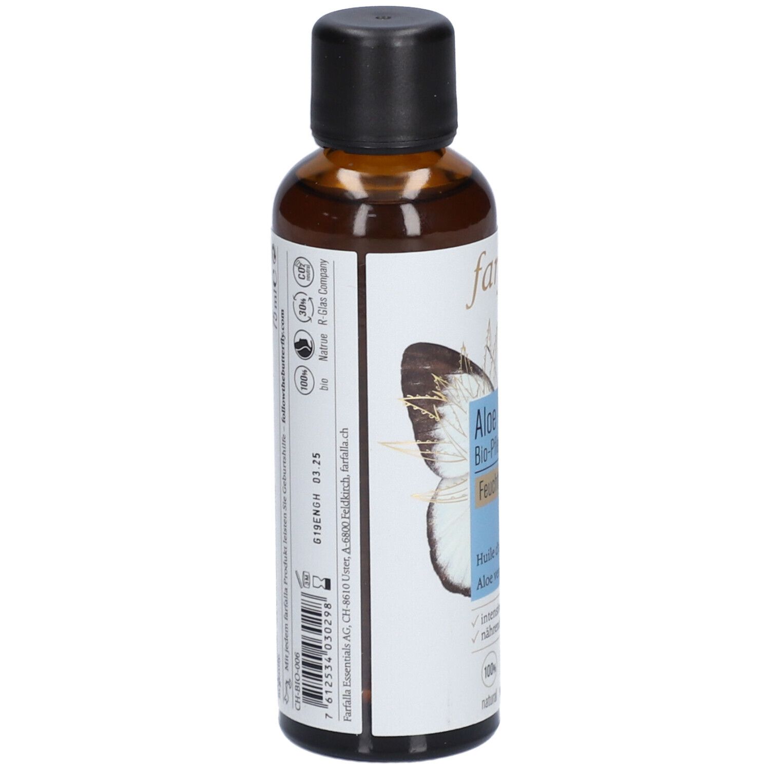 Braune Glasflasche mit schwarzem Deckel. Etikett mit Informationen, Logo, Barcode. Marke: farfalla. Hergestellt in der Schweiz.
