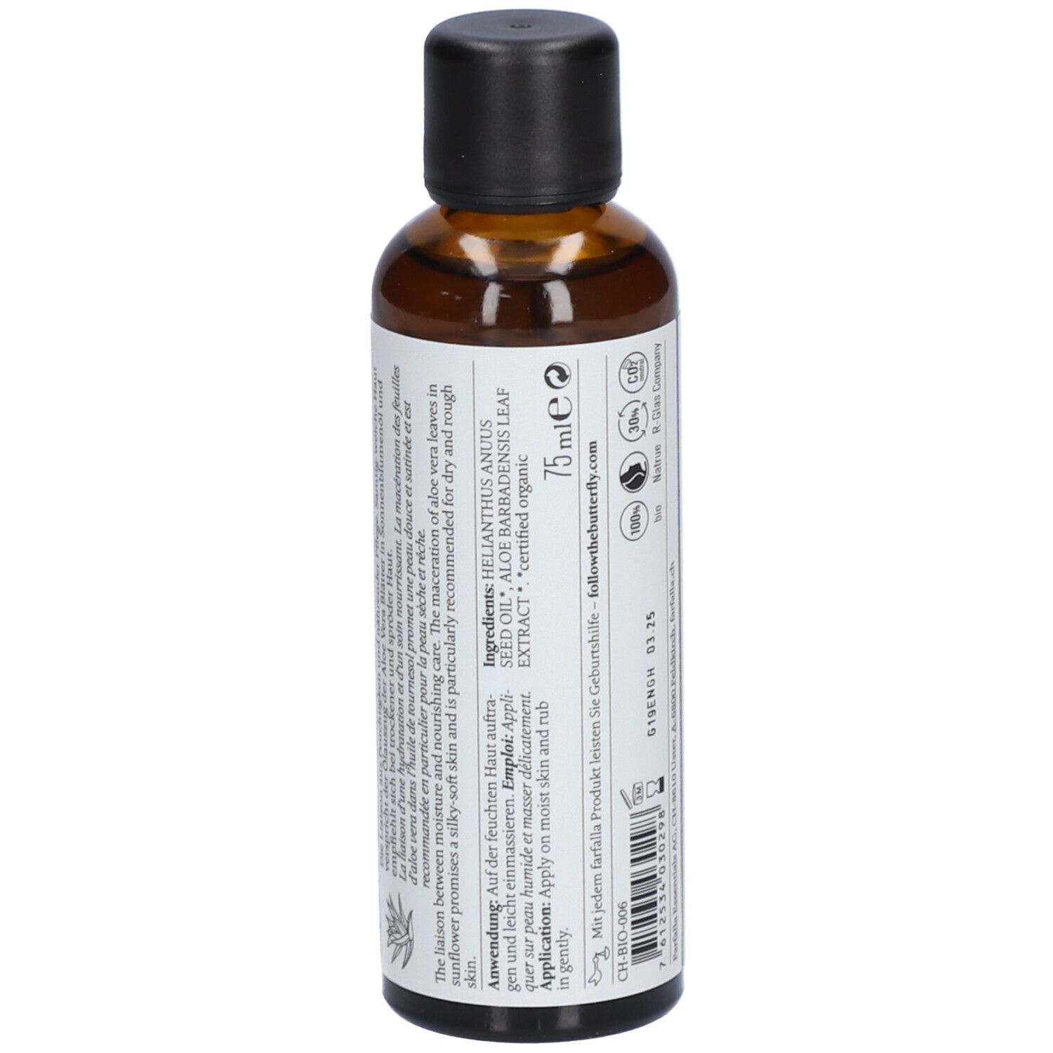 Braune Glasflasche mit schwarzem Deckel. Etikett mit Inhaltsstoffen, Anwendungshinweisen. Volumen: 75 ml. Marke: farfalla.