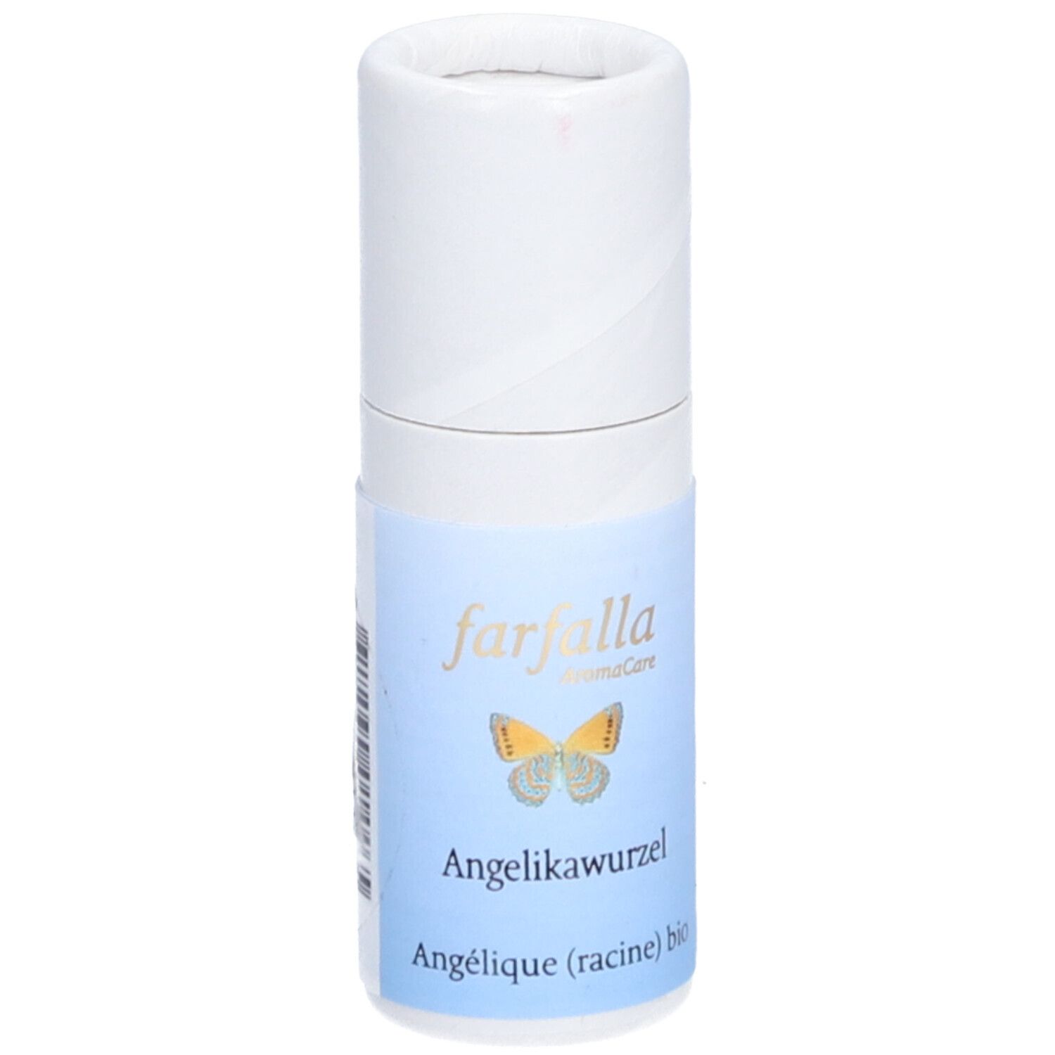 Emballage cylindrique avec étiquette bleue. Inscription : farfalla, Angelikawurzel, Angélique (racine) bio. Illustration d'un papillon.