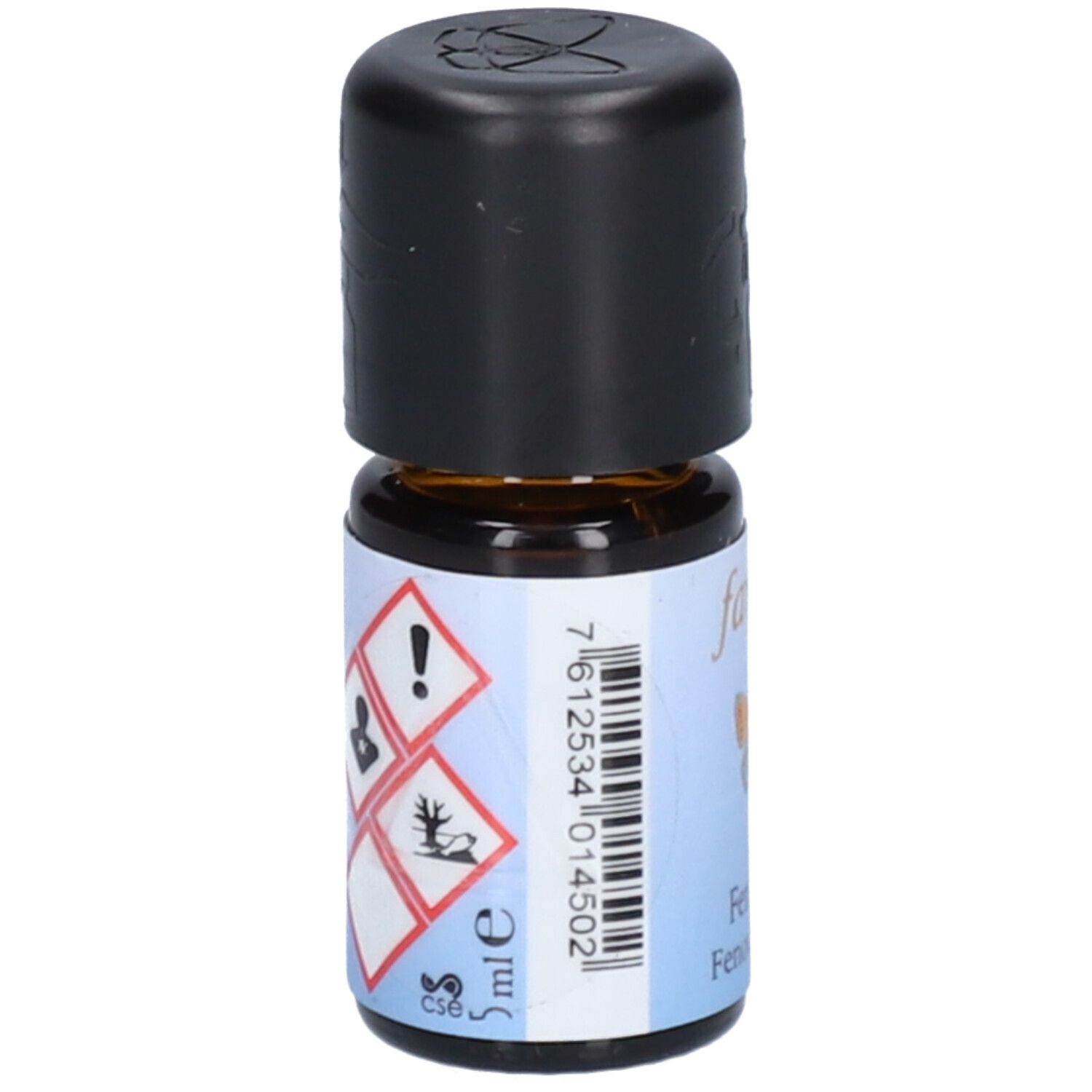 Braune Glasflasche mit schwarzem Deckel. Etikett mit Warnsymbolen, Barcode und "5 ml".