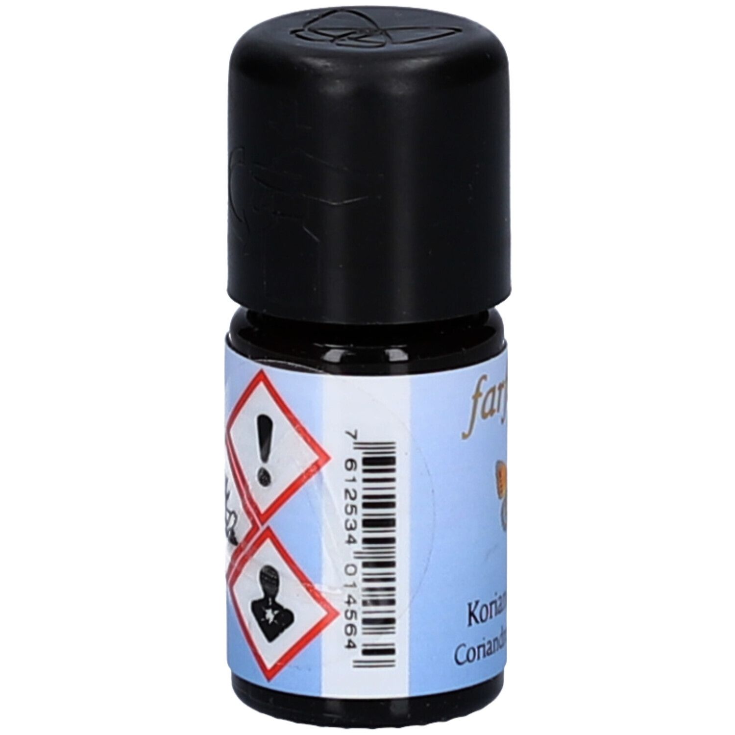 Braune Glasflasche mit schwarzem Deckel. Aufschrift: Farfalla, Koriandersamen bio. Etikett mit Gefahrensymbolen und Barcode.