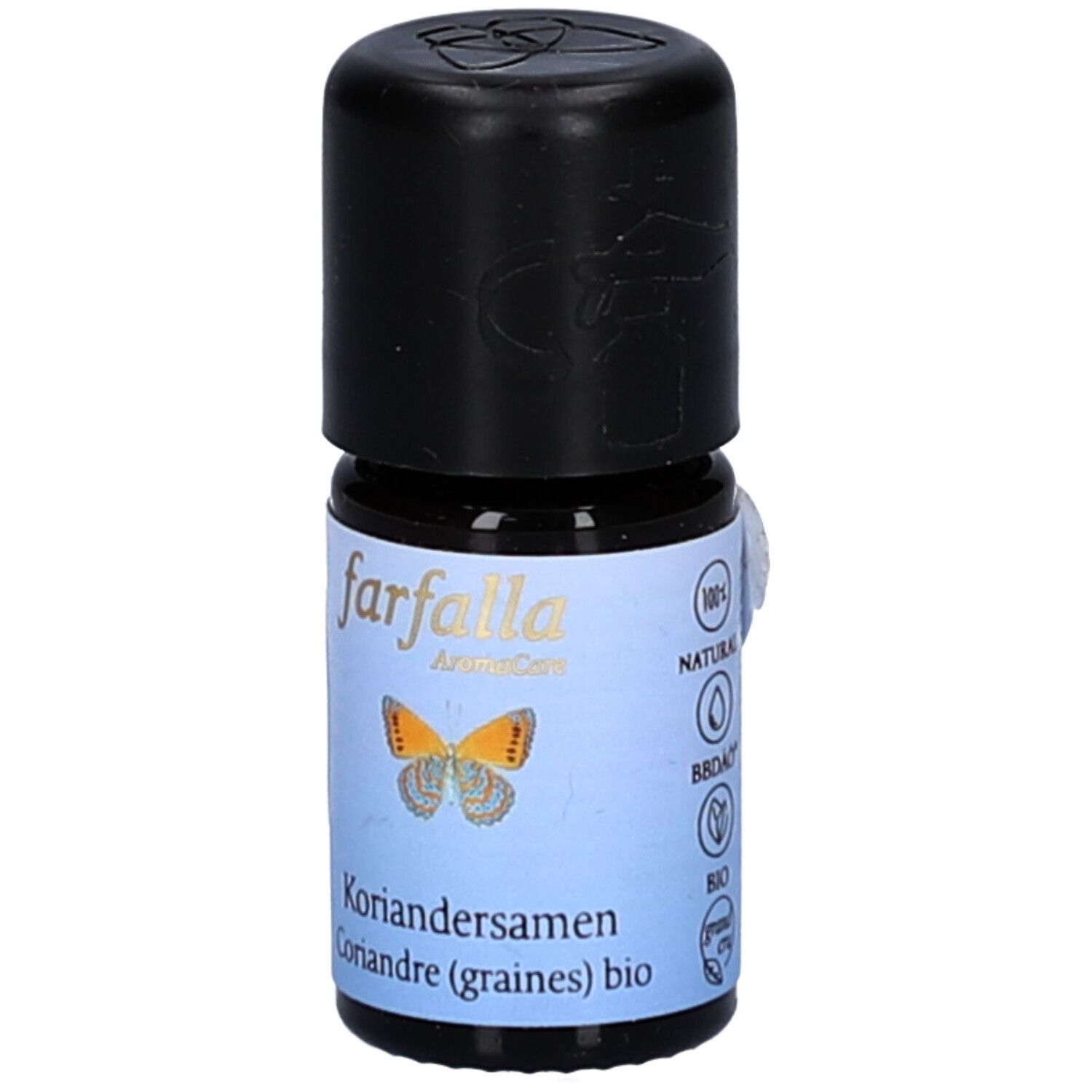Braune Glasflasche mit schwarzem Deckel. Aufschrift: Farfalla, Koriandersamen bio. Etikett mit Schmetterling und Zertifizierungen.
