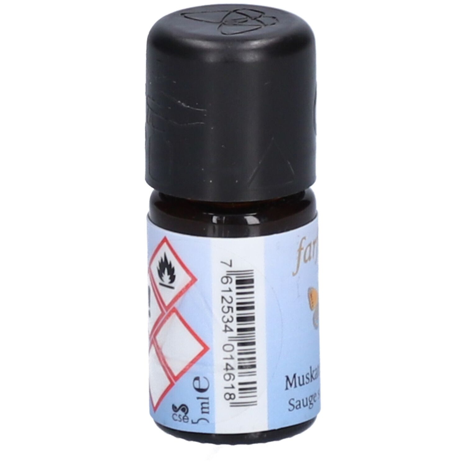 Braune Glasflasche mit schwarzem Deckel. Etikett mit Warnsymbolen, Barcode und 5 ml Angabe.