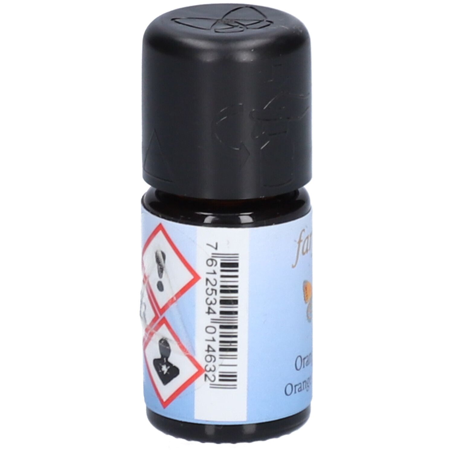 Braune Glasflasche mit schwarzem Deckel. Etikett mit Barcode und Gefahrensymbolen. Text: Orange bitter, Orange amère bio.