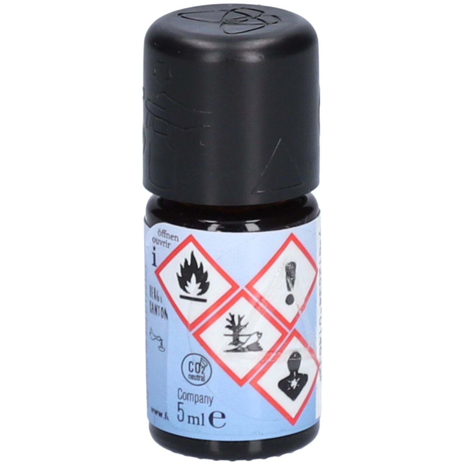 Braune Glasflasche mit schwarzem Deckel. Etikett mit Gefahrensymbolen und Text: 5 ml e. CO2-Extrakt. www.farfalla.com.