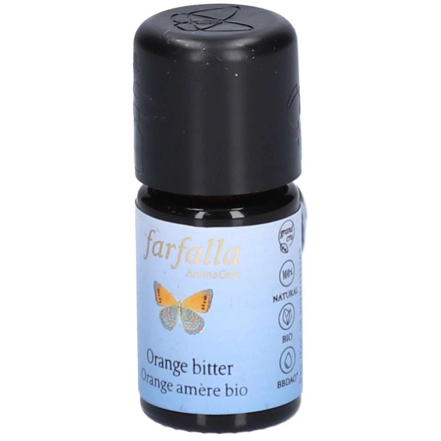 Braune Glasflasche mit schwarzem Deckel. Etikett mit farfalla-Logo, Schmetterling, Text: Orange bitter, Orange amère bio. Bio-Siegel.