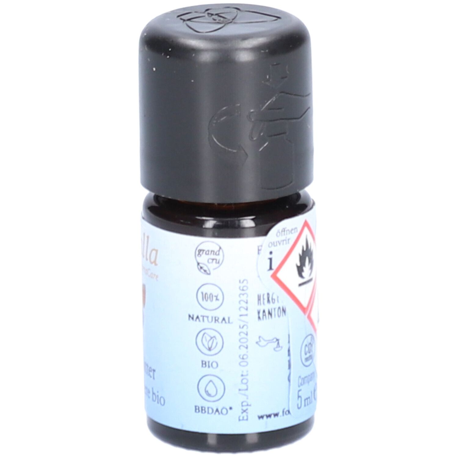 Braune Glasflasche mit schwarzem Deckel. Etikett mit farfalla-Logo, Text: Orange bitter, Orange amère bio. Grand Cru, 100% Natural.