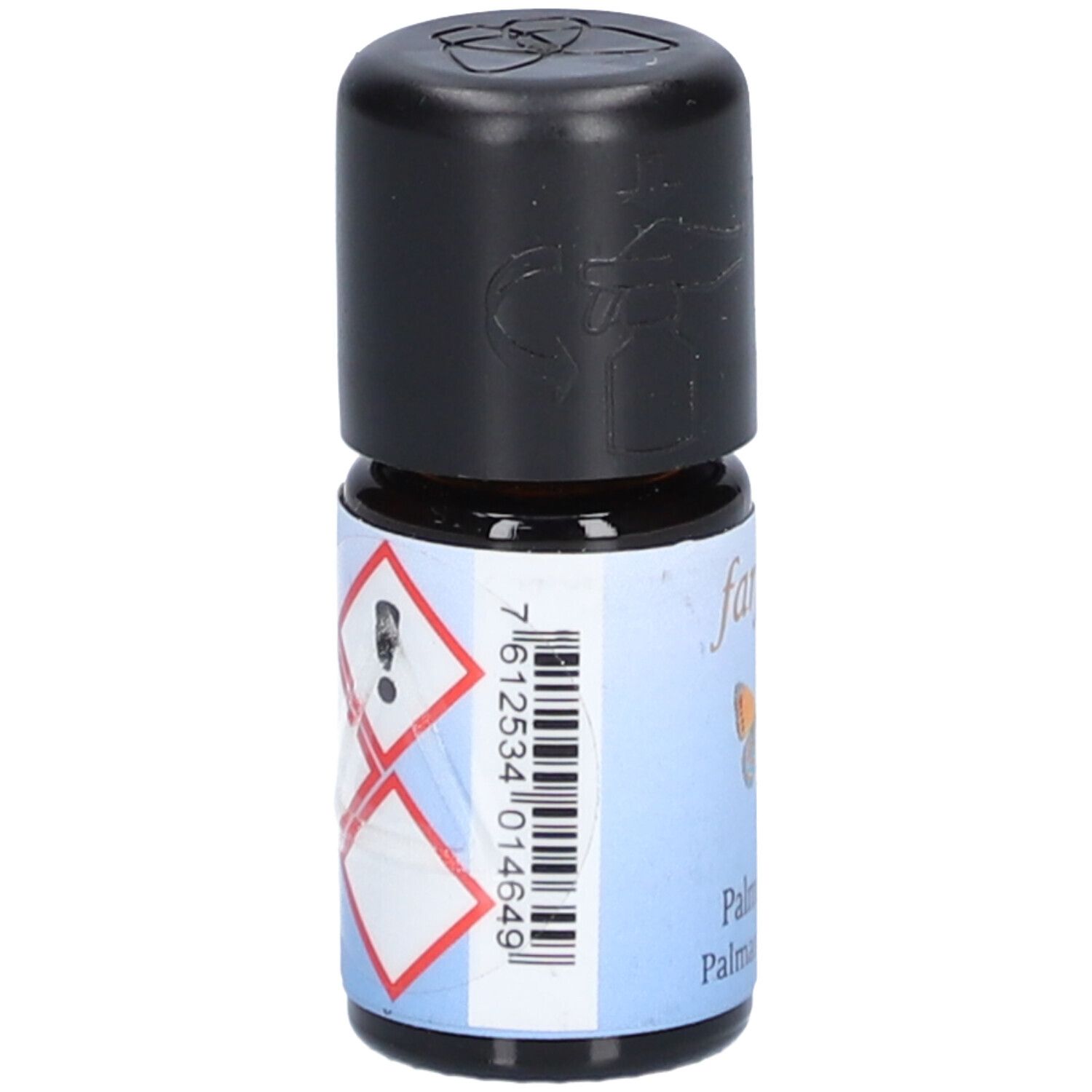 Braune Glasflasche mit schwarzem Deckel. Etikett mit Gefahrensymbolen und Barcode.