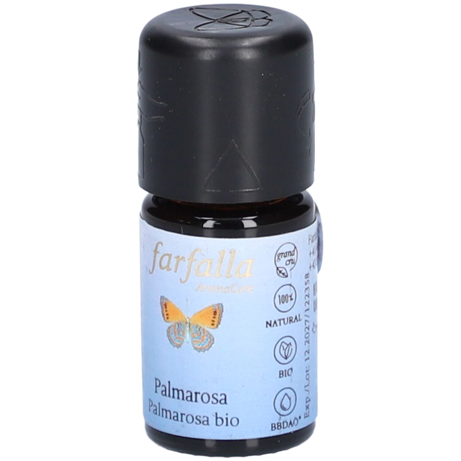 Braune Glasflasche mit schwarzem Deckel. Etikett mit Schmetterling, Schriftzug 'farfalla', '100% Natural' und 'BIO'.