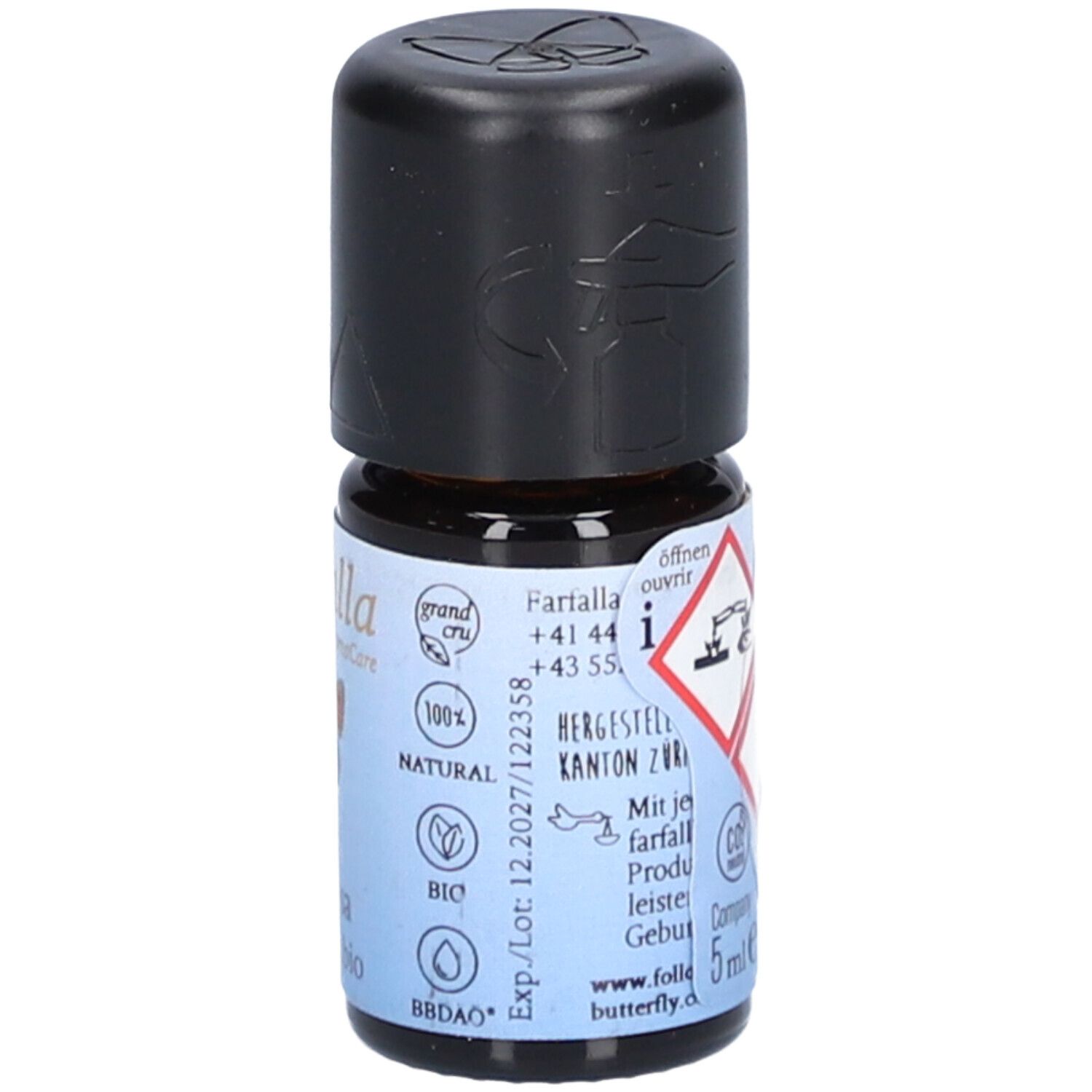Braune Glasflasche mit schwarzem Deckel. Etikett mit Gefahrensymbolen, Text, Volumenangabe '5ml' und 'farfalla'.