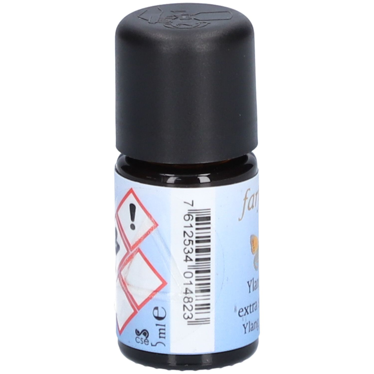Petite bouteille en verre avec bouchon noir. Étiquette avec code-barres, symboles de danger et "5 ml".