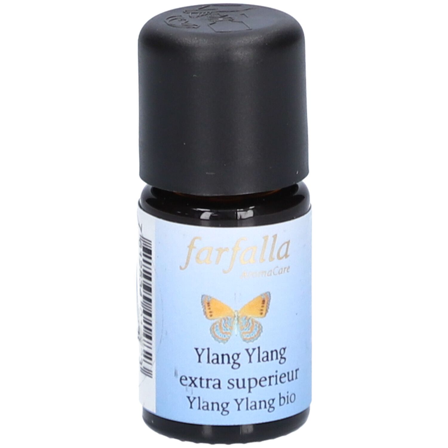 Petite bouteille en verre avec bouchon noir. L'étiquette indique "farfalla" et "Ylang Ylang extra superieur".