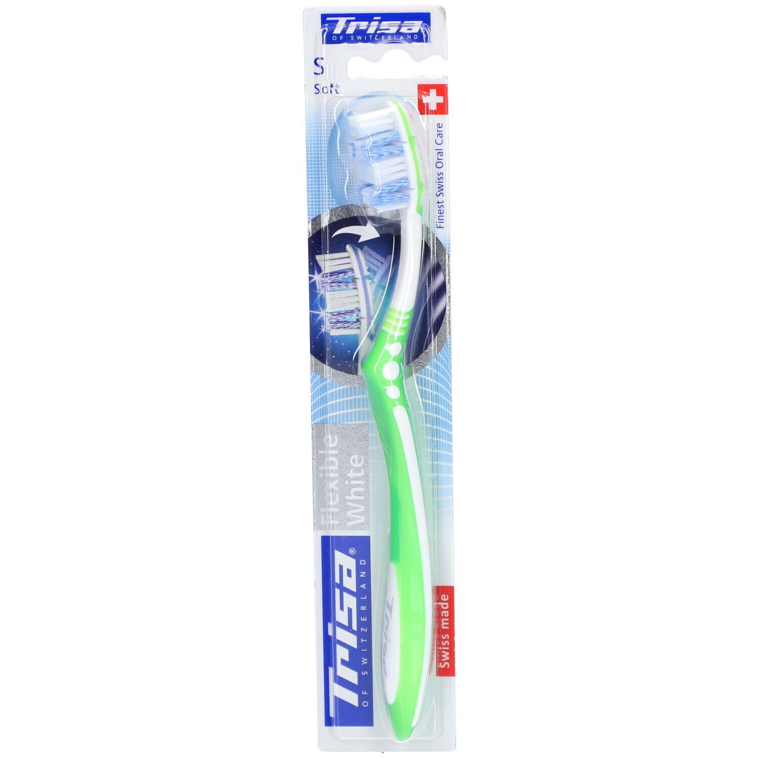 Grüne Zahnbürste mit weißem Bürstenkopf in Verpackung. "Flexible White" und "Trisa" Schriftzug.
