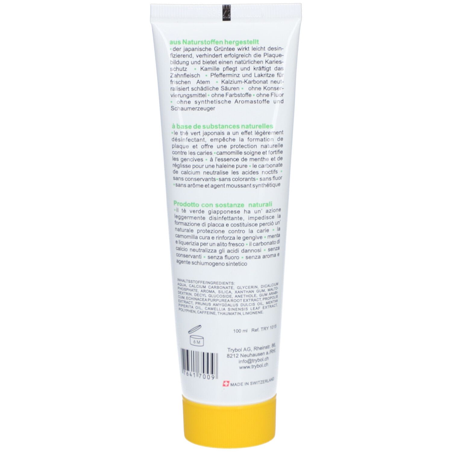 Rückseite der Zahnpasta-Tube. Text in Deutsch, Französisch und Italienisch. Enthält Inhaltsstoffe und Herstellerinformationen.