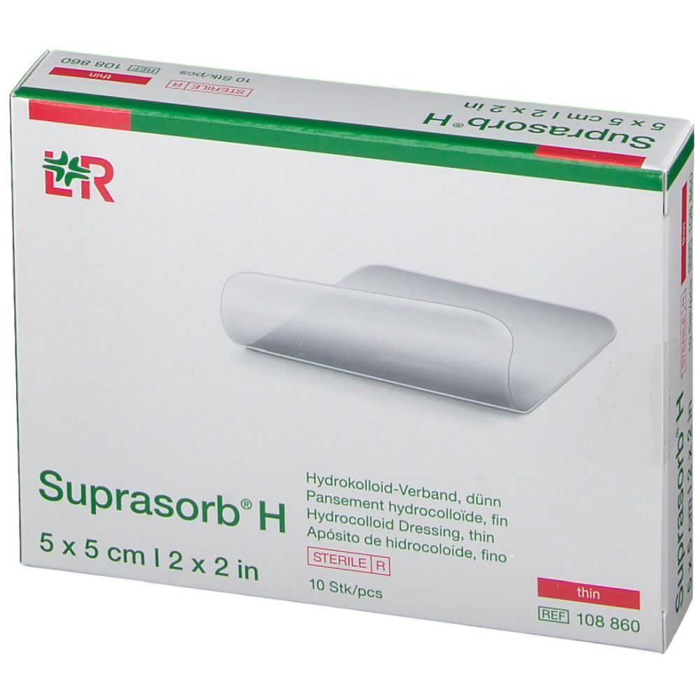Verpackung von Suprasorb® H Hydrokolloid-Pflastern. 5 x 5 cm, 10 Stück. Sterile Ausführung. Grün-weiße Schachtel mit Produktlogo und Bezeichnung.