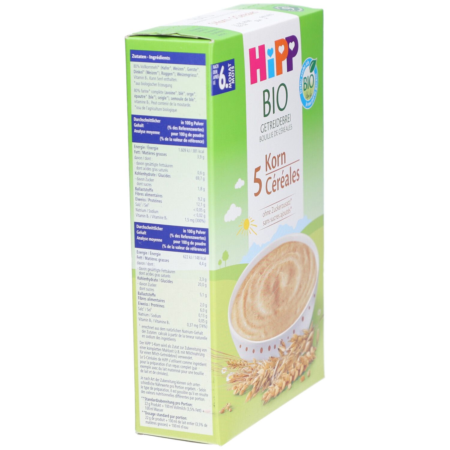 Boîte verte HiPP Bio Getreidebrei. Vue latérale avec informations nutritionnelles et liste des ingrédients. Texte: 5 Korn, sans sucres ajoutés.