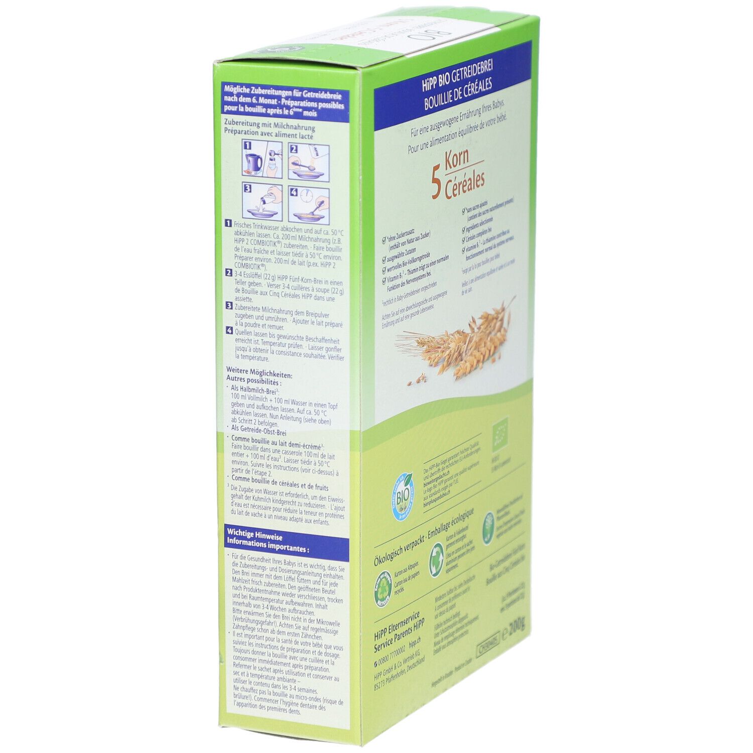 Boîte verte HiPP Bio Getreidebrei. Côté avec instructions de préparation. Texte: 5 Korn, pour bébés dès 6 mois.