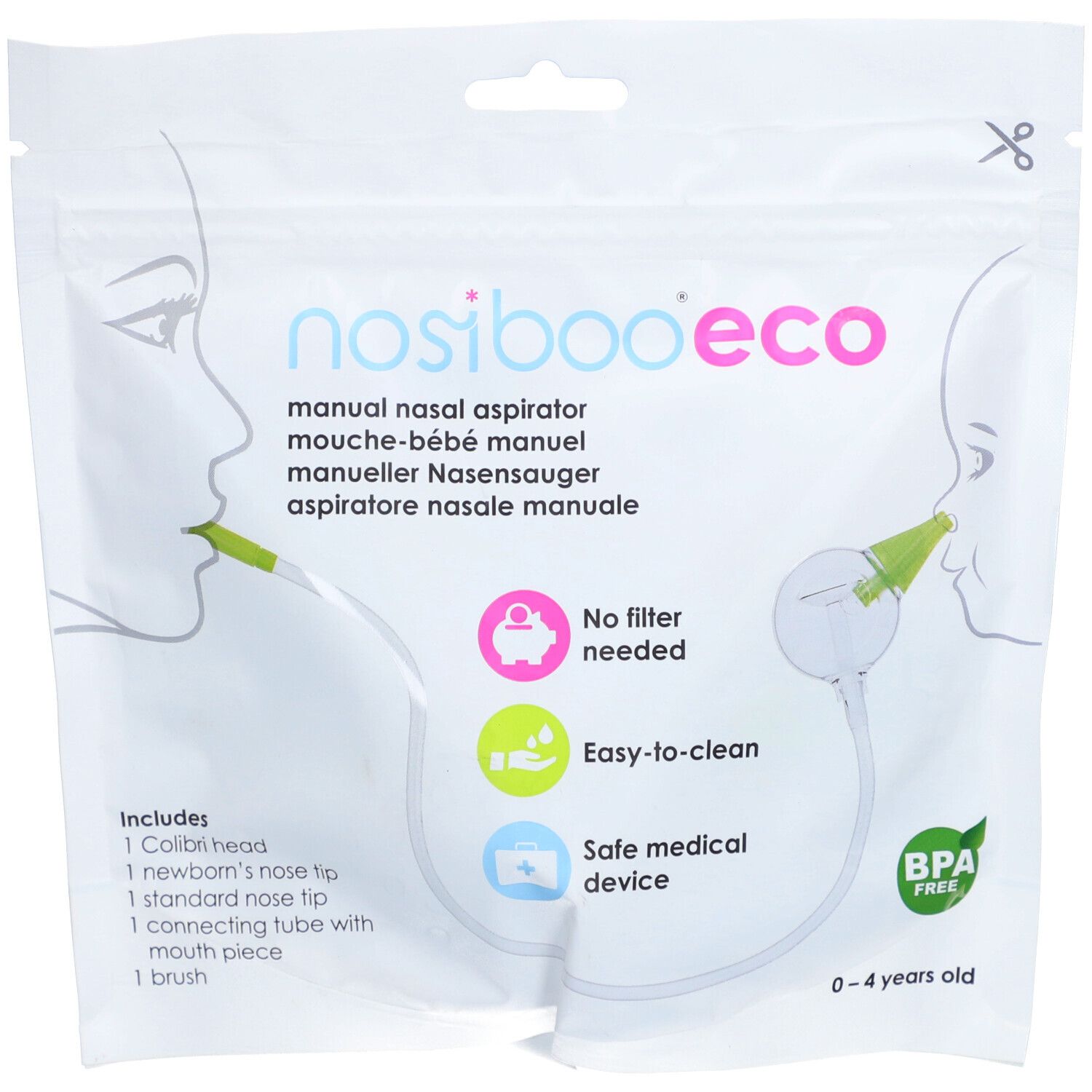 Emballage du mouche-bébé NOSIBOO Eco. Comprend des accessoires : embouts, tube, brosse. Sans BPA, pour 0-4 ans.