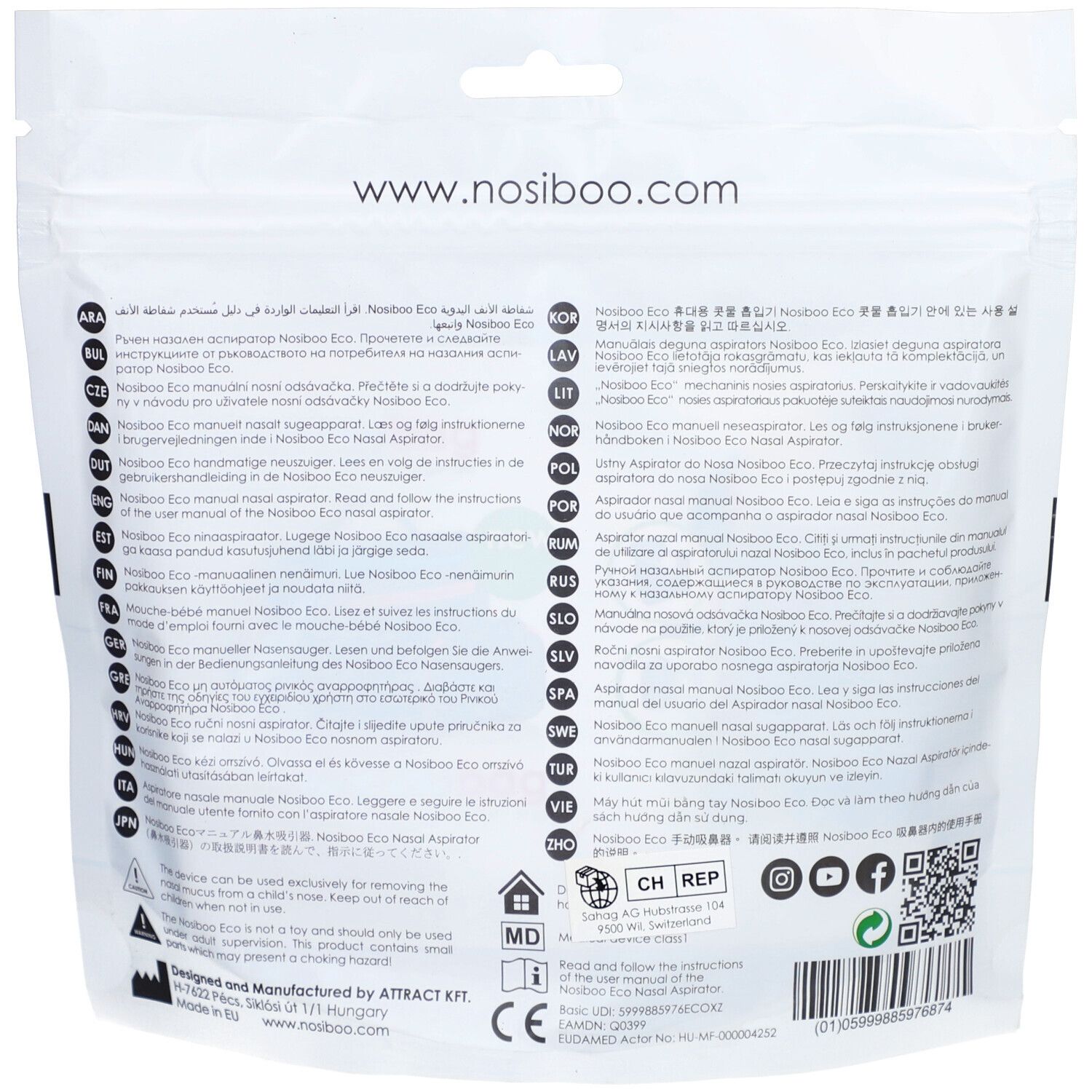 Dos de l'emballage NOSIBOO Eco. Informations multilingues sur le produit et coordonnées du fabricant.