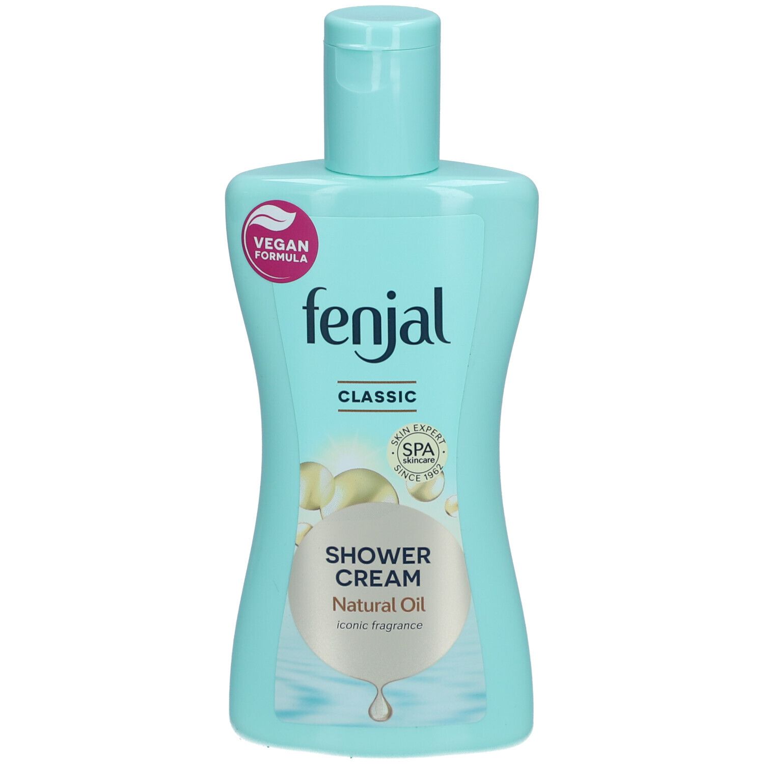 Hellblaues Duschgel von Fenjal. Vegan-Formel. Aufschrift: Classic, Shower Cream, Natural Oil, Iconic fragrance. Spa-Siegel.